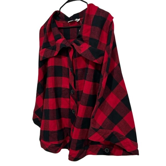 Newport News Red Black Buffalo Plaid Button-Up Cape Jacket Oversized Collar Sz M - Picture 3 of 9